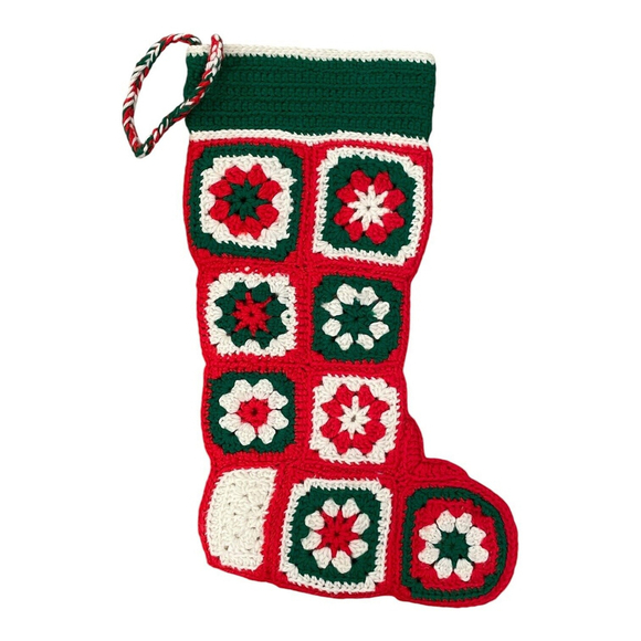 Vintage Crochet Granny Square Christmas Stocking Handmade 17" Red Green White - Picture 1 of 6